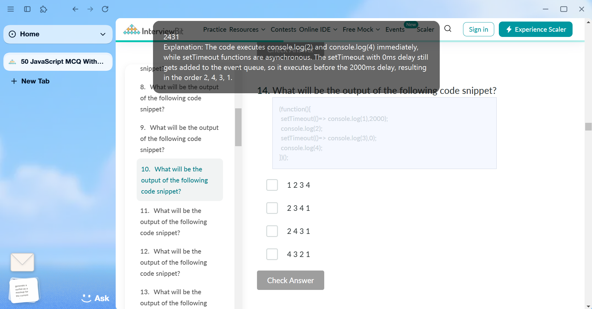 Clueme in action showing MCQ question